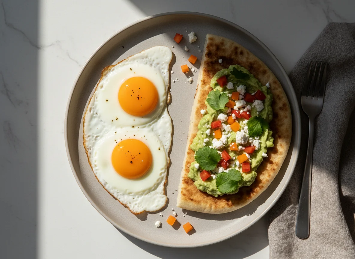 Frühstück mit Spiegeleiern und Avocado-Dip photo