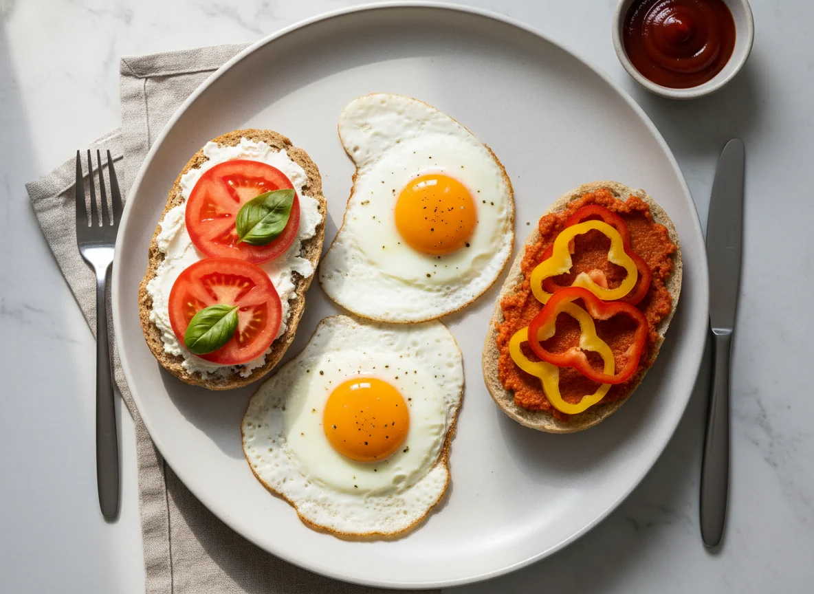 Frühstück mit Spiegeleiern und belegten Brötchen photo