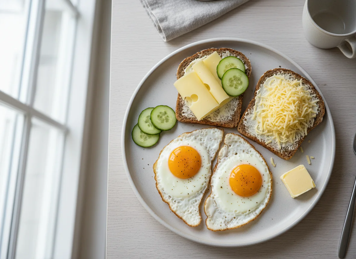 Frühstück mit Spiegeleiern und belegten Broten photo