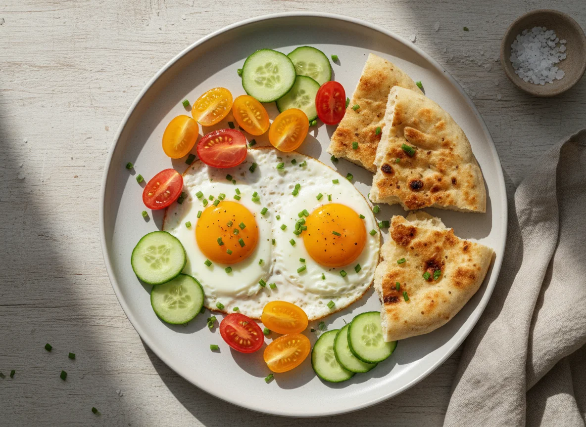 Frühstück mit Spiegeleiern und Gemüse photo