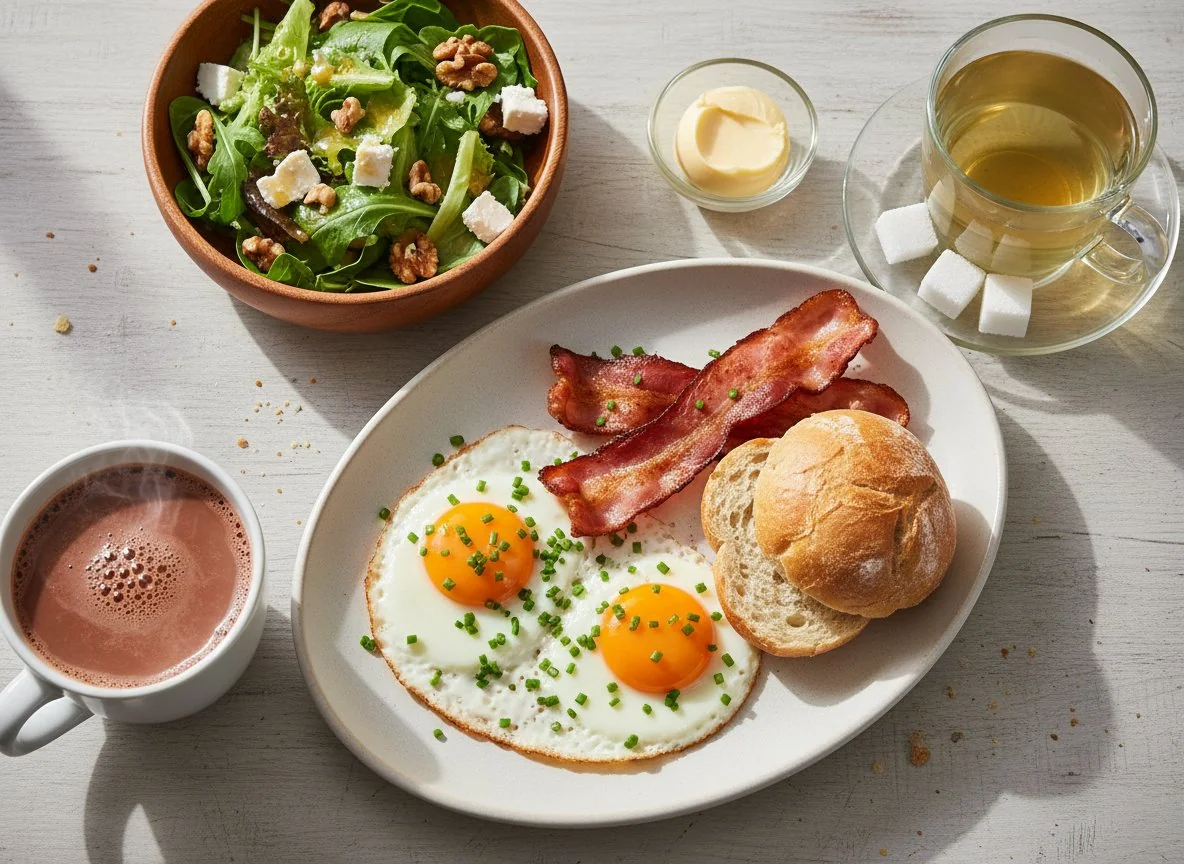 Frühstück mit Spiegeleiern und Speck photo