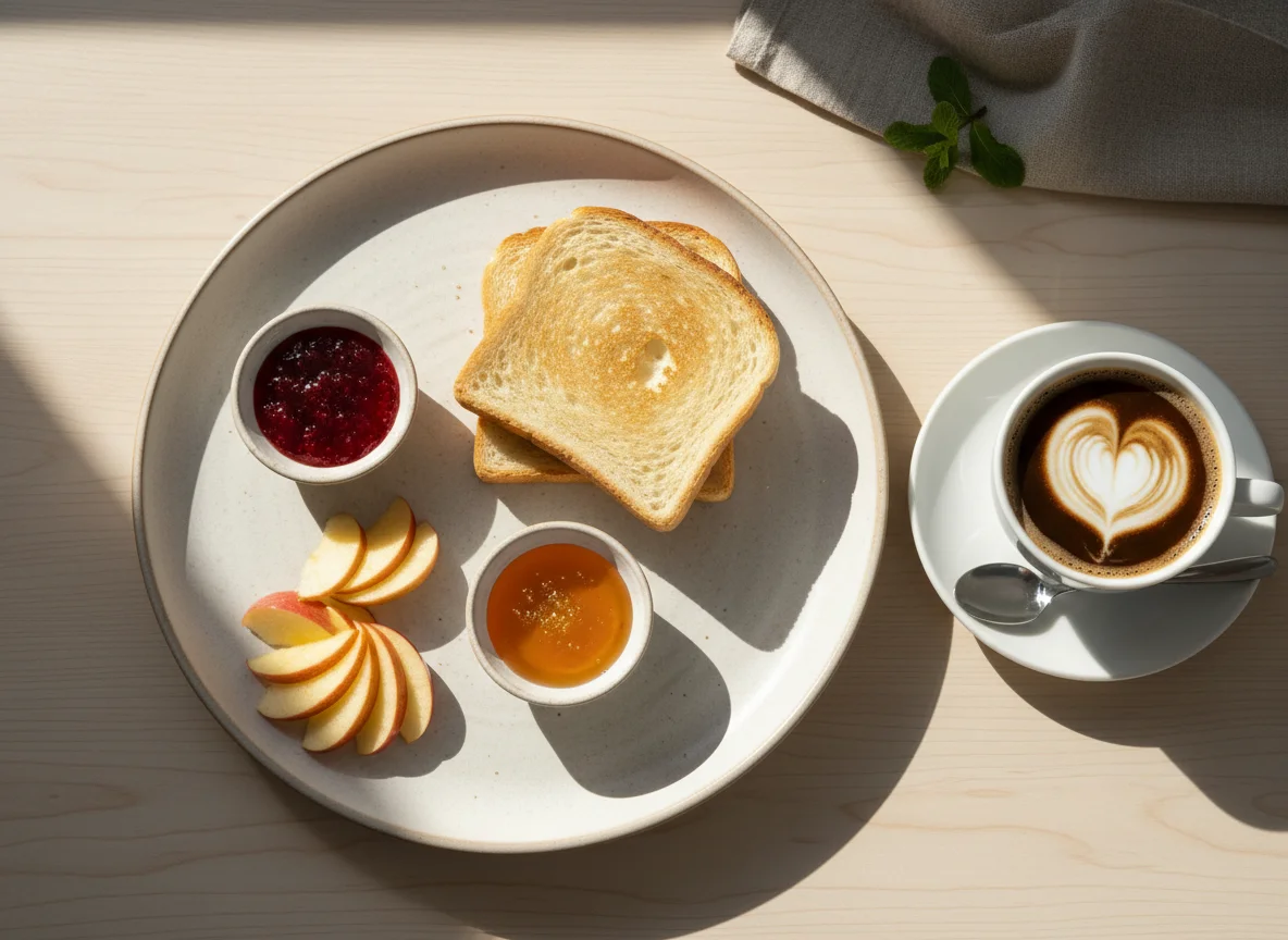 Frühstück mit Toast, Apfel und Kaffee photo