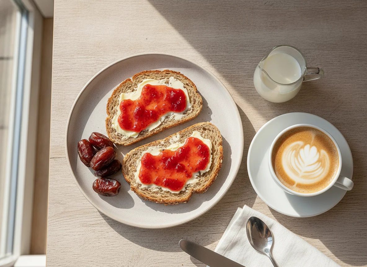 Frühstück mit Toast, Datteln und Kaffee photo