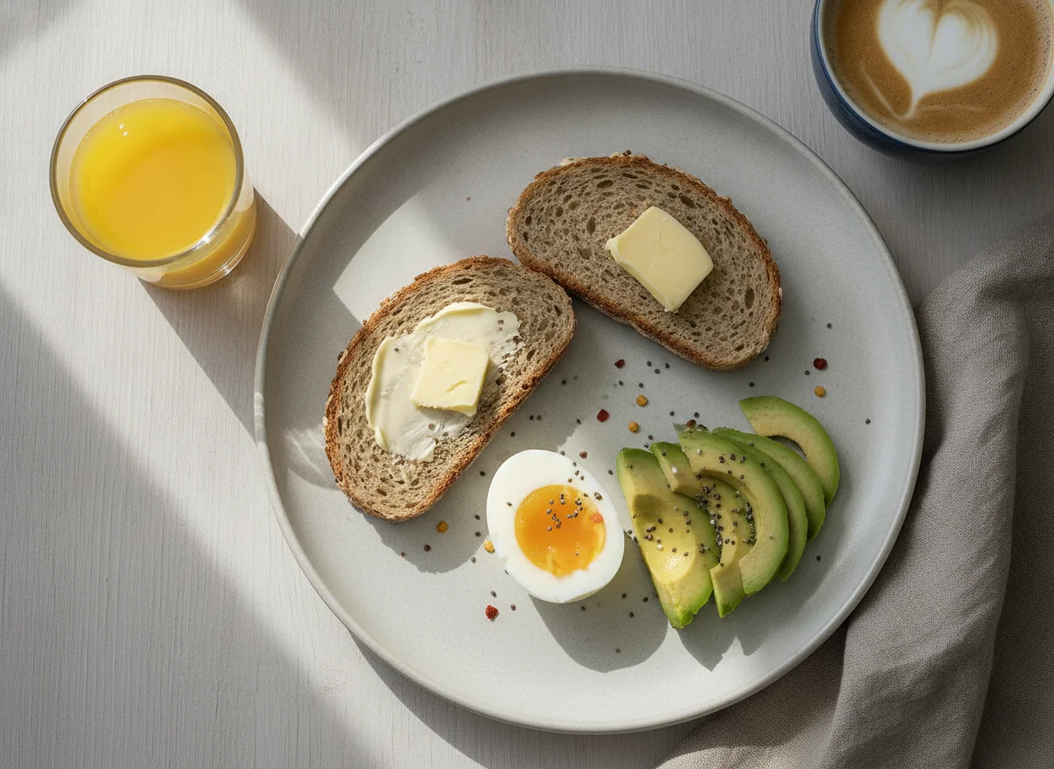 Frühstück mit Toast, Ei, Avocado und Kaffee photo