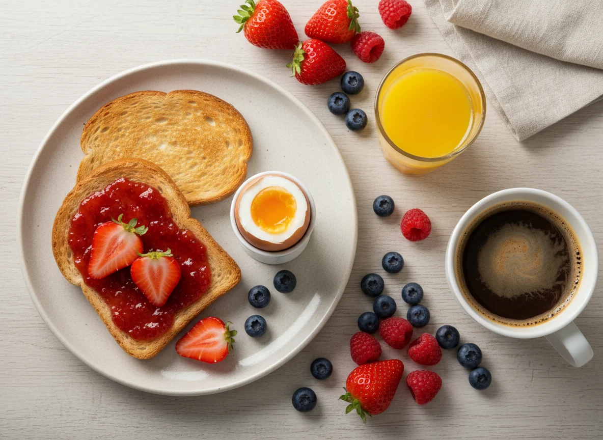 Frühstück mit Toast, Ei, Beeren und Kaffee photo