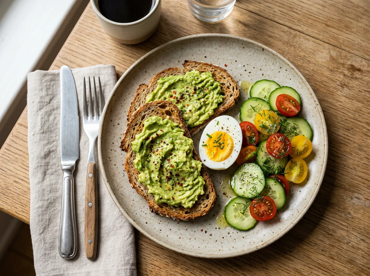 Frühstück mit Toast, Ei und Gemüse photo