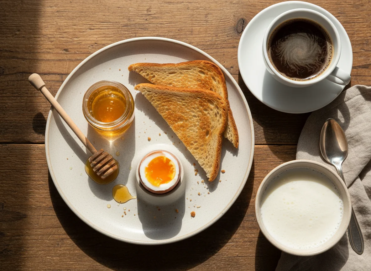 Frühstück mit Toast, Ei und Kaffee photo