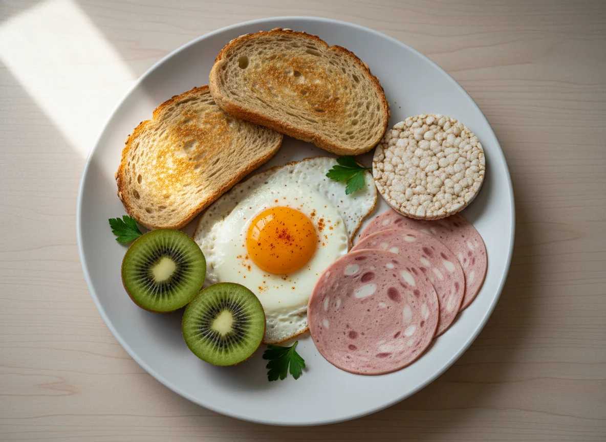 Frühstück mit Toast, Ei, veganer Mortadella und Kiwi photo