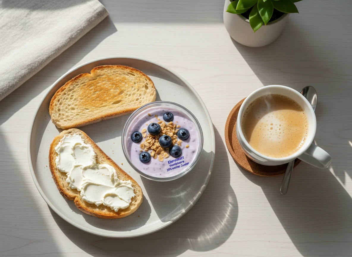 Frühstück mit Toast, Joghurt und Kaffee photo