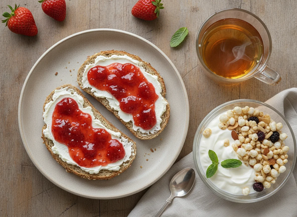 Frühstück mit Toast, Joghurt und Müsli photo