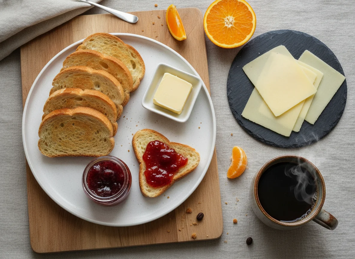 Frühstück mit Toast, Käse, Marmelade und Orange photo