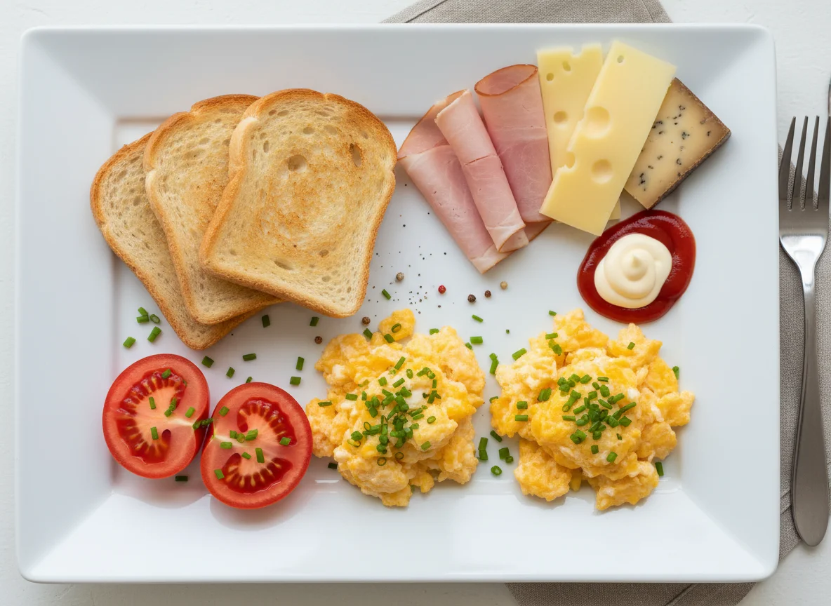 Frühstück mit Toast, Rührei und Tomaten photo