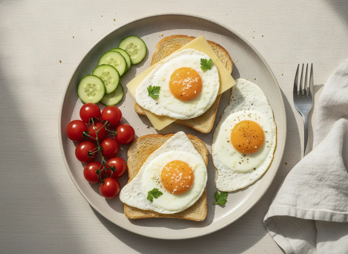 Frühstück mit Toasts, Spiegelei und Tomaten photo