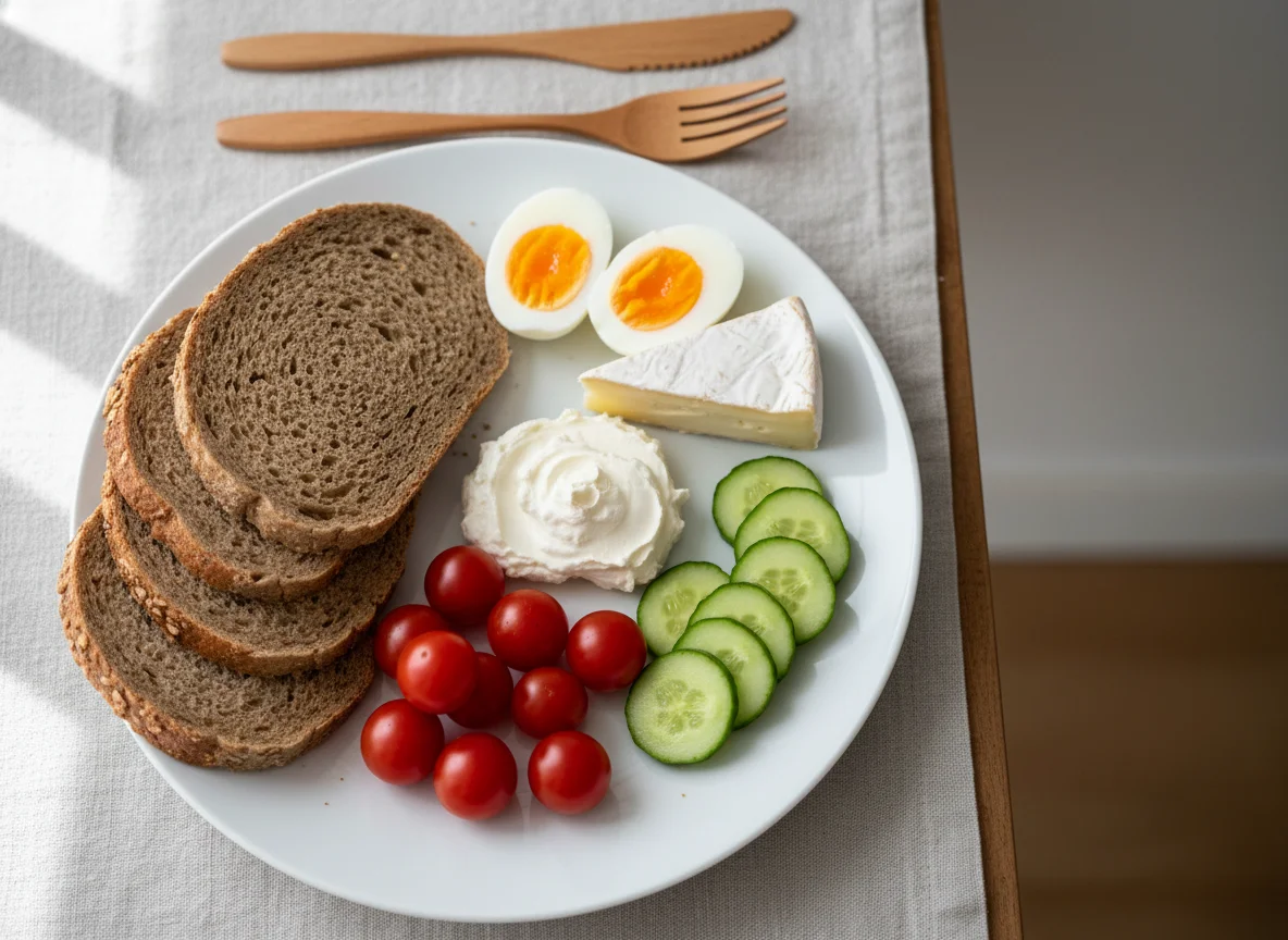 Frühstück mit Vollkornbrot, Käse und Gemüse photo