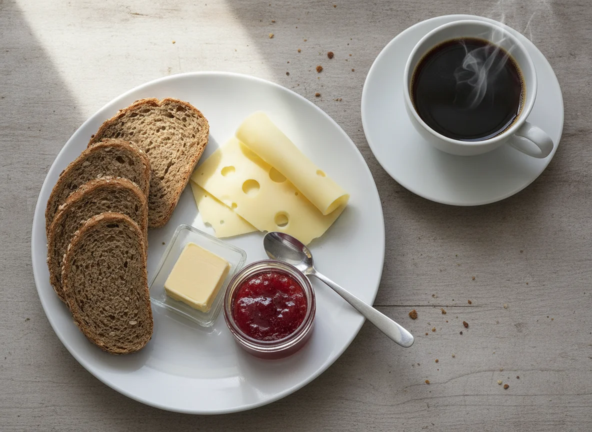 Frühstück mit Vollkornbrot, Käse und Kaffee photo
