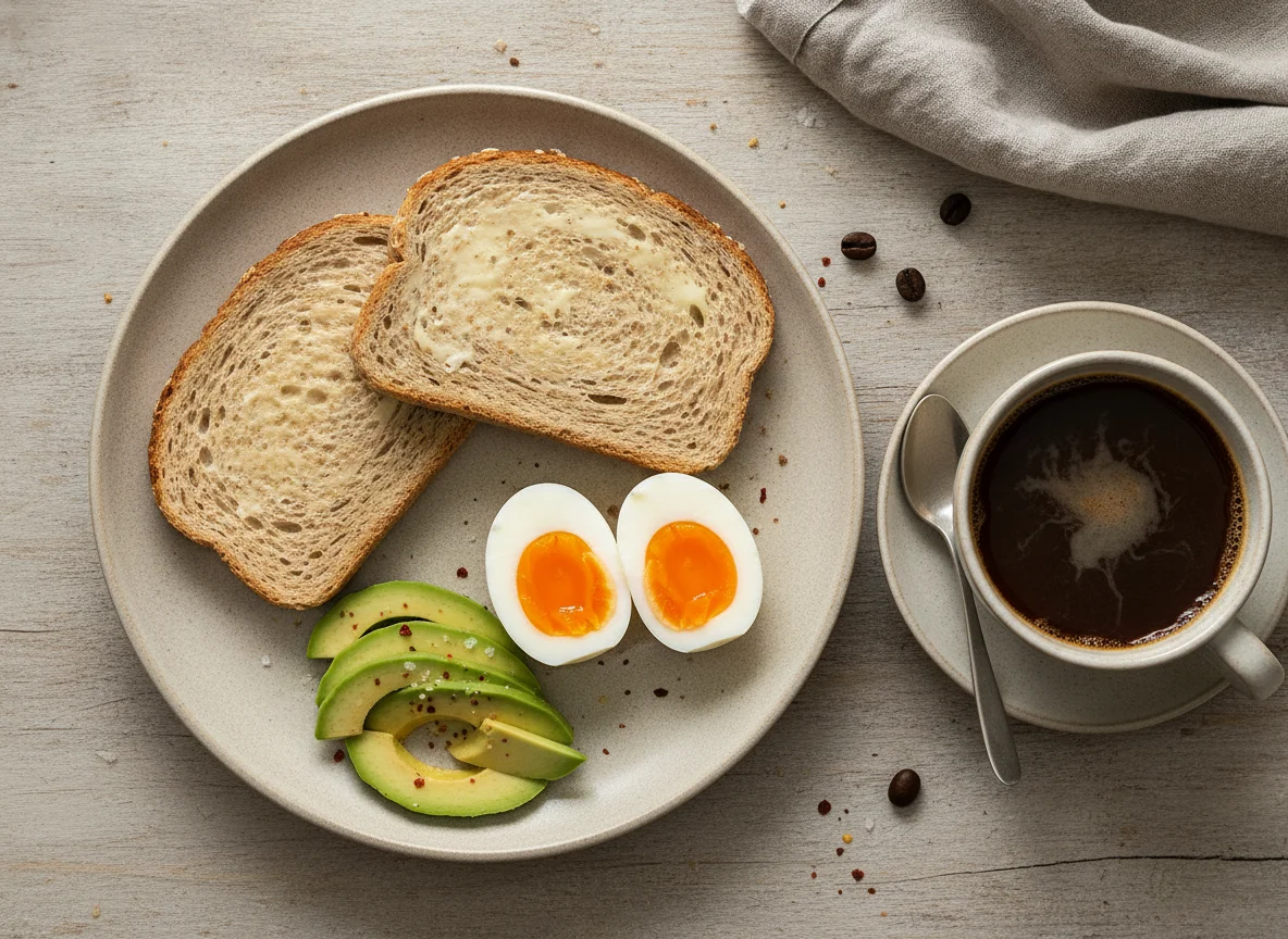 Frühstück mit Vollkorntoast, Ei, Avocado und Kaffee photo