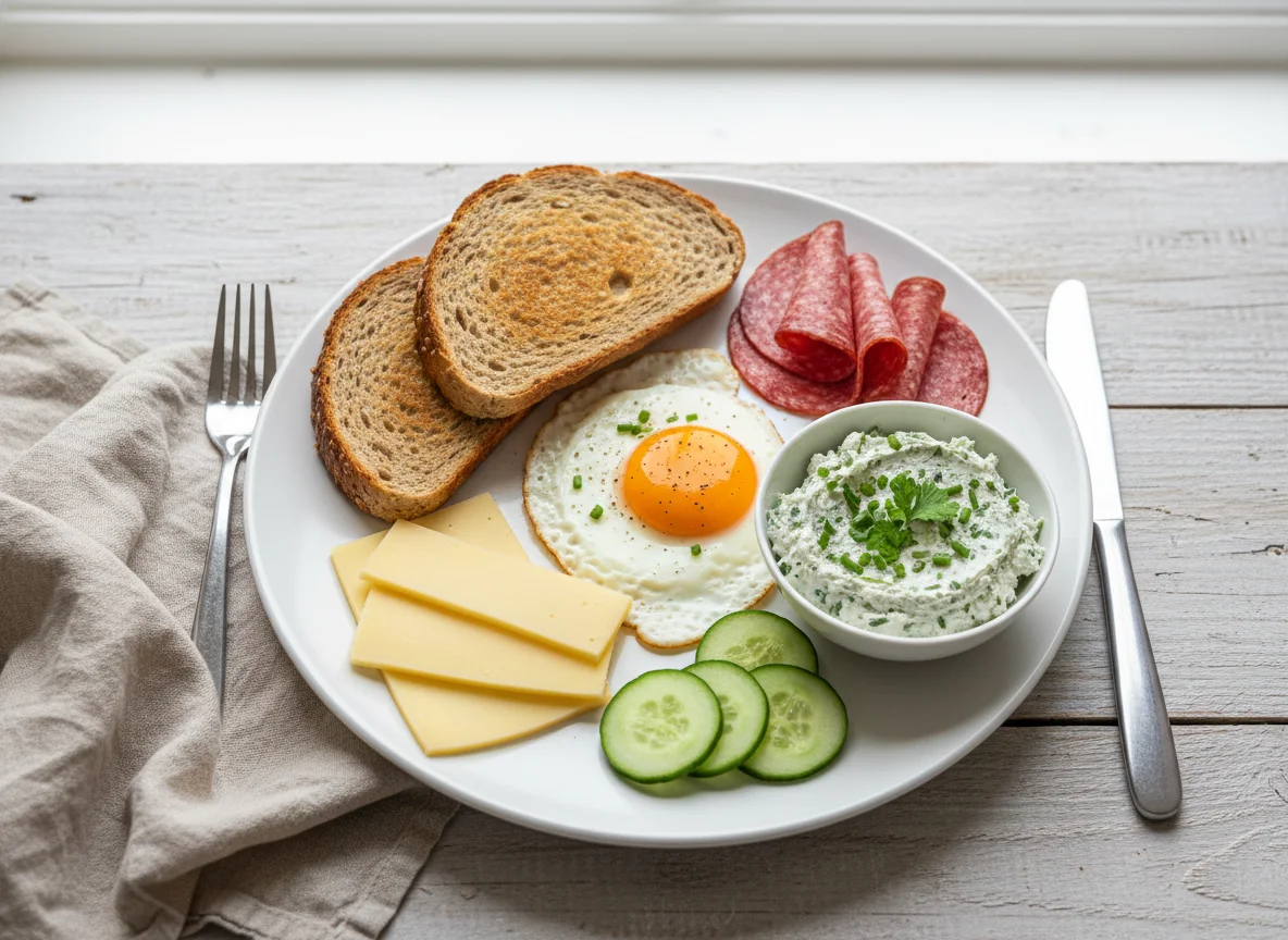 Frühstück mit Vollkorntoast, Salami, Käse, Kräuterfrischkäse und Spiegelei photo
