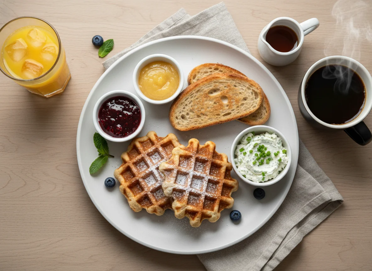 Frühstück mit Waffeln und Toast photo