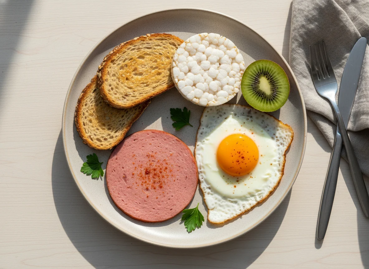 Frühstück mit Wurst, Spiegelei, Reiswaffel und Kiwis photo