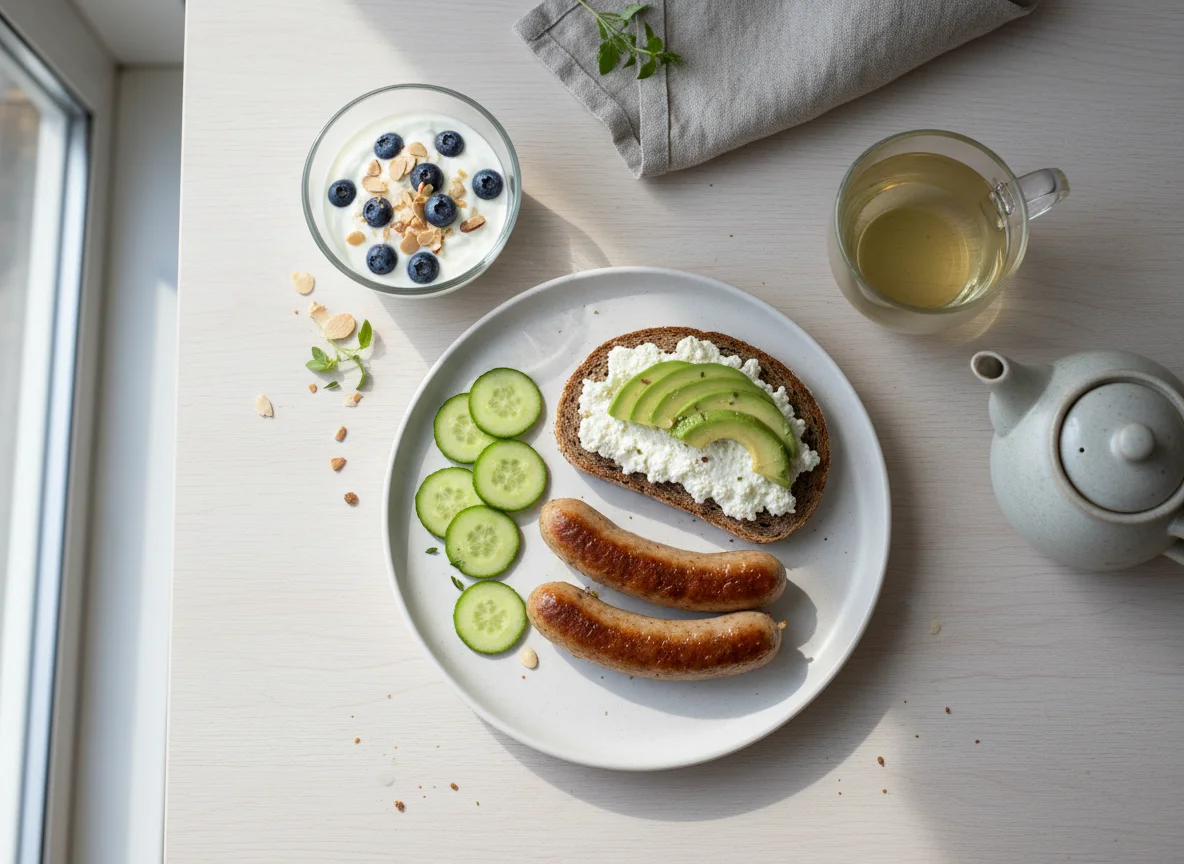 Frühstück mit Würstchen, Brot und Joghurt photo