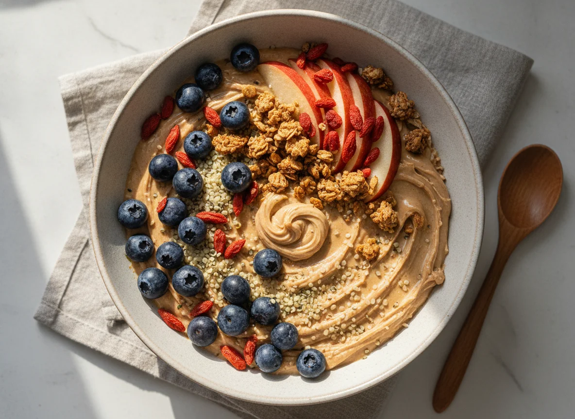 Frühstücks-Bowl mit Beeren, Apfel und Nussmus photo