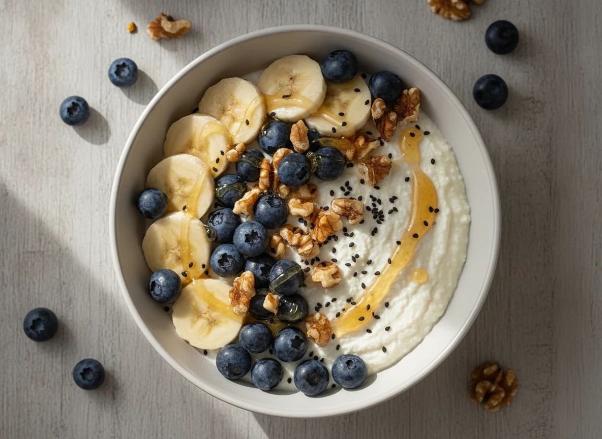 Frühstücks-Bowl mit Beeren, Banane, Nüssen und Honig photo