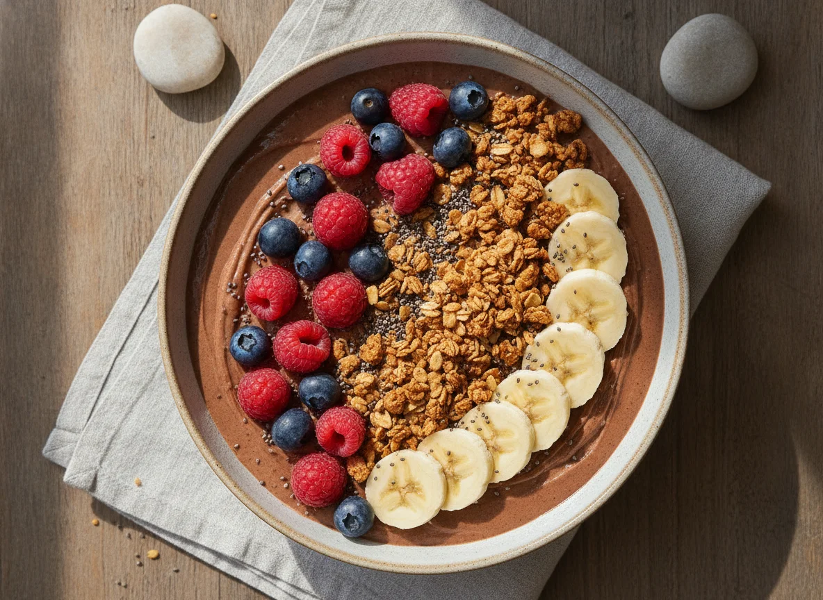 Frühstücks-Bowl mit Beeren, Banane und Granola photo