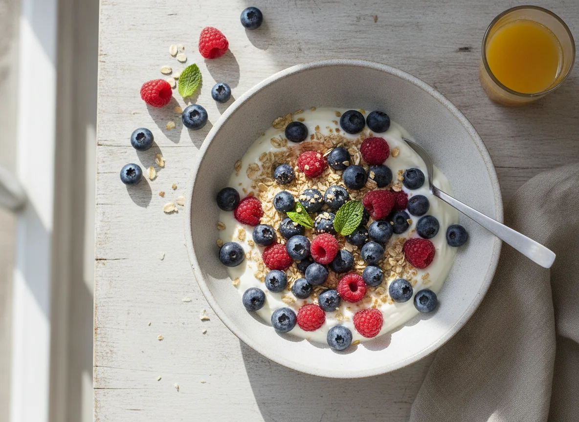 Frühstücks-Bowl mit Beeren und Joghurt photo