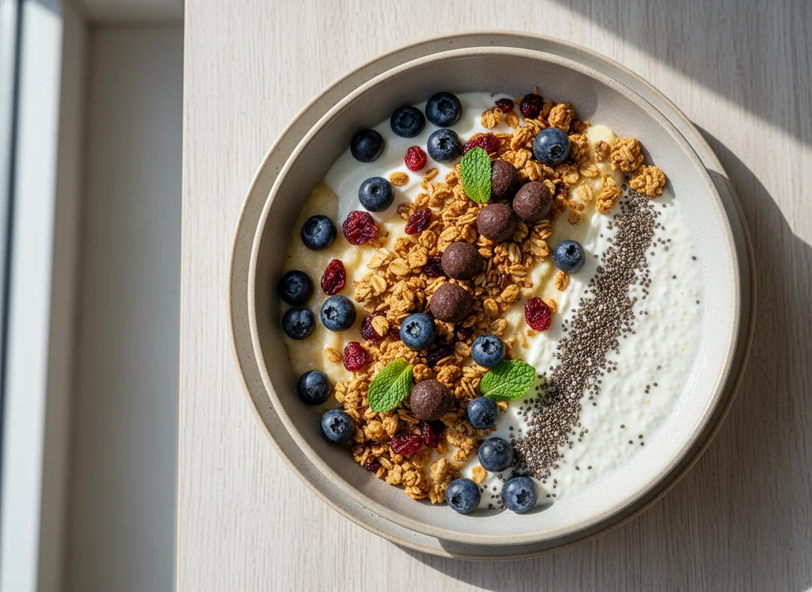 Frühstücksbowl mit Beeren und Müsli photo