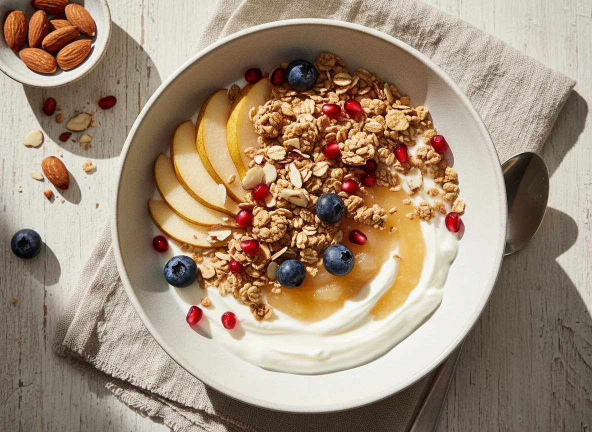 Frühstücksbowl mit Birne, Joghurt und Müsli photo