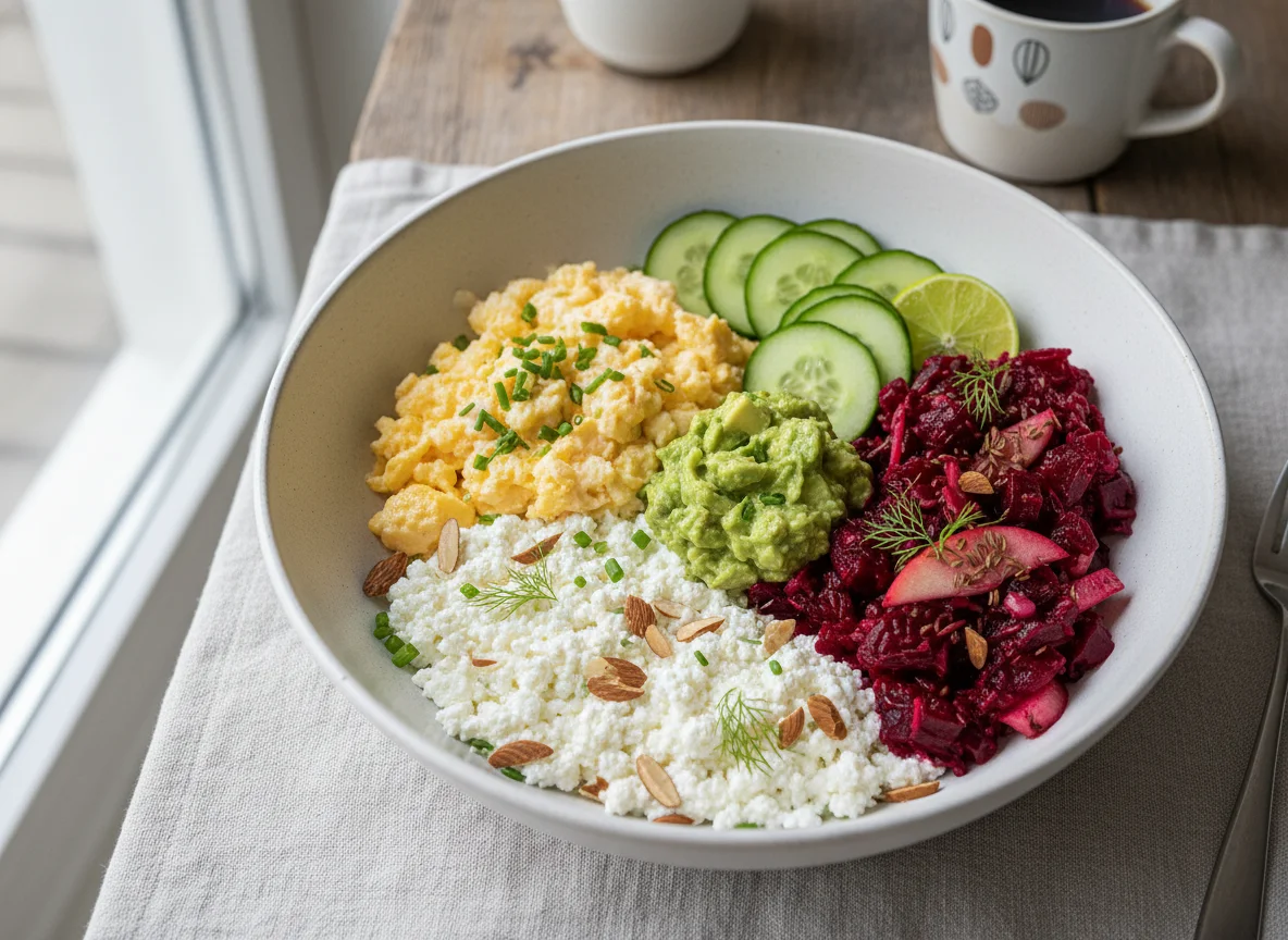 Frühstücks-Bowl mit Eiern und Gemüse photo