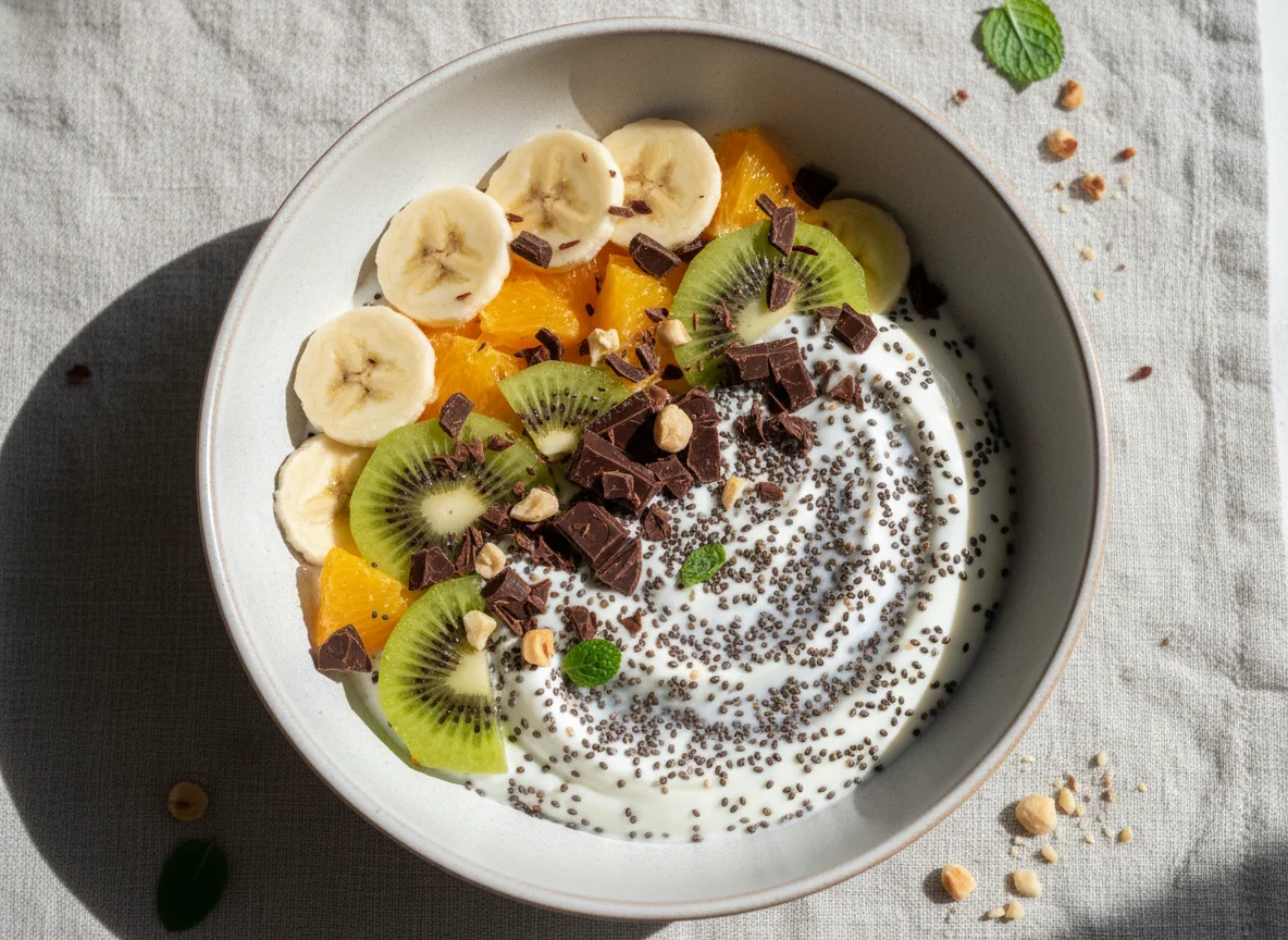 Frühstücks-Bowl mit Früchten, Chiasamen und Schokolade photo