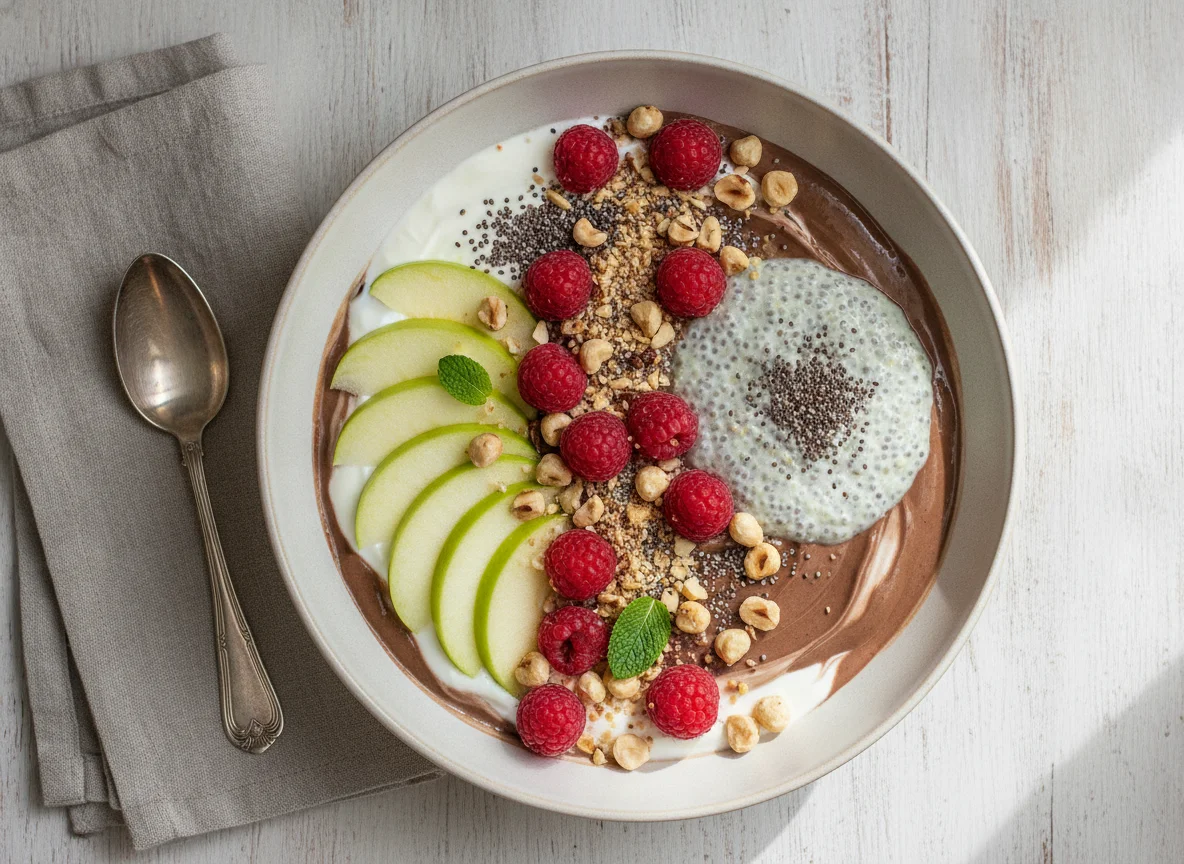 Frühstücks-Bowl mit Früchten, Joghurt und Nüssen photo