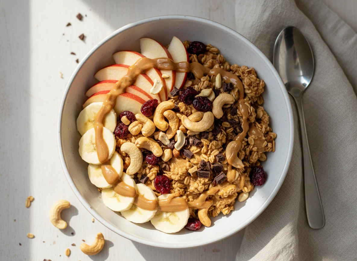 Frühstücks-Bowl mit Früchten, Nüssen und Erdnussbutter photo