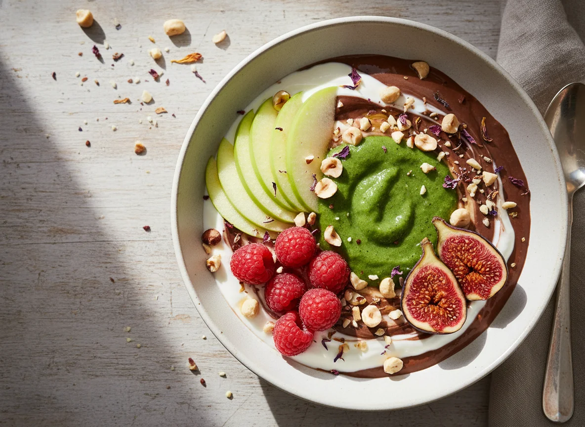 Frühstücks-Bowl mit Früchten, Nüssen und Joghurt photo