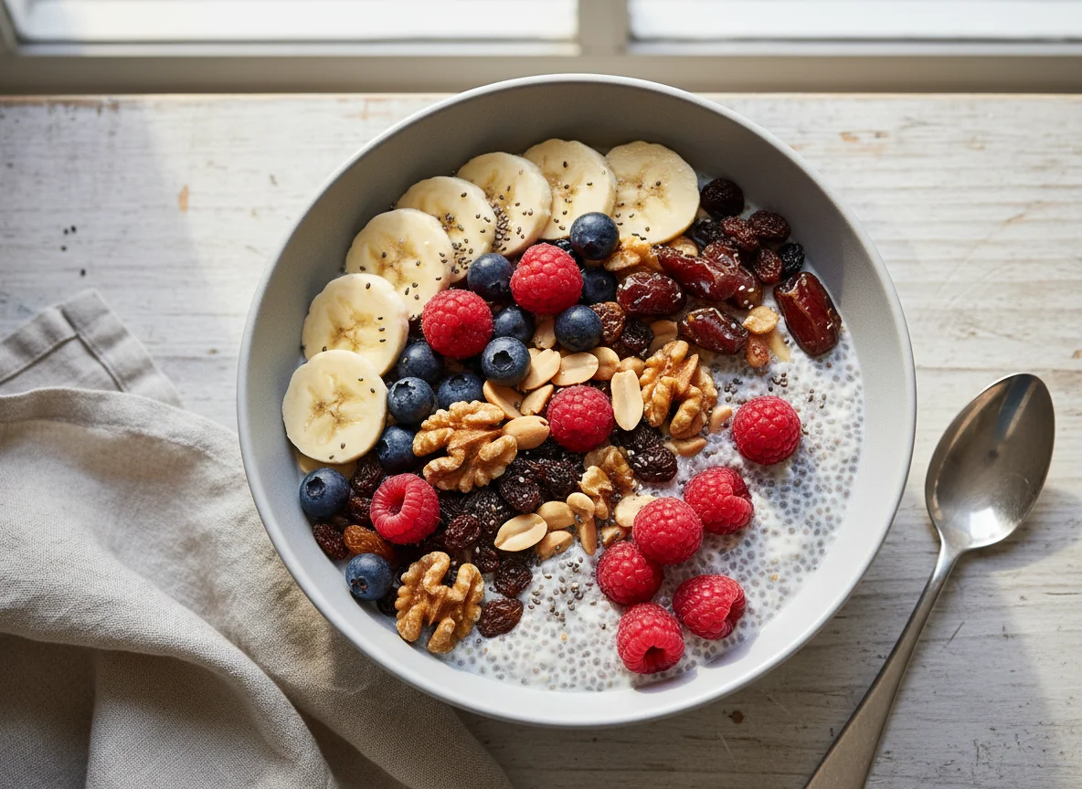 Frühstücks-Bowl mit Früchten, Nüssen und Trockenfrüchten photo