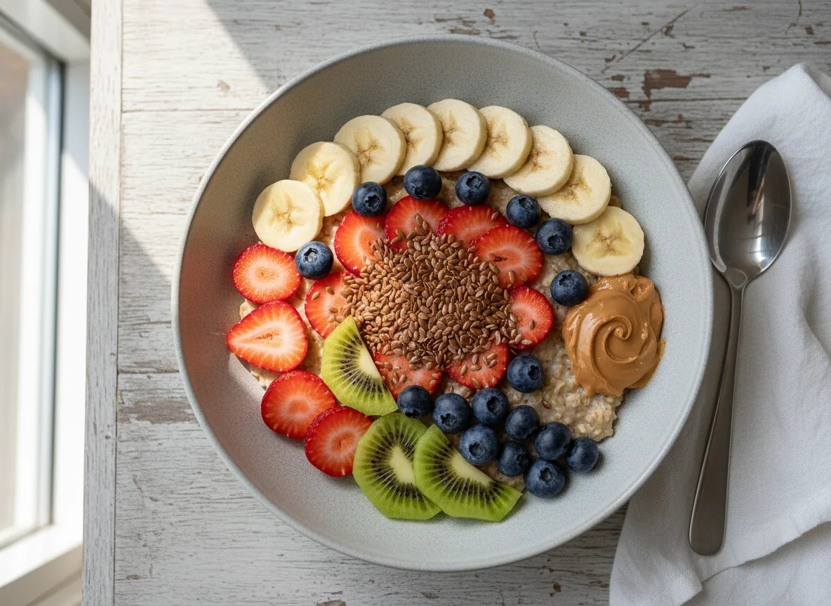 Frühstücks-Bowl mit Früchten und Leinsamen photo