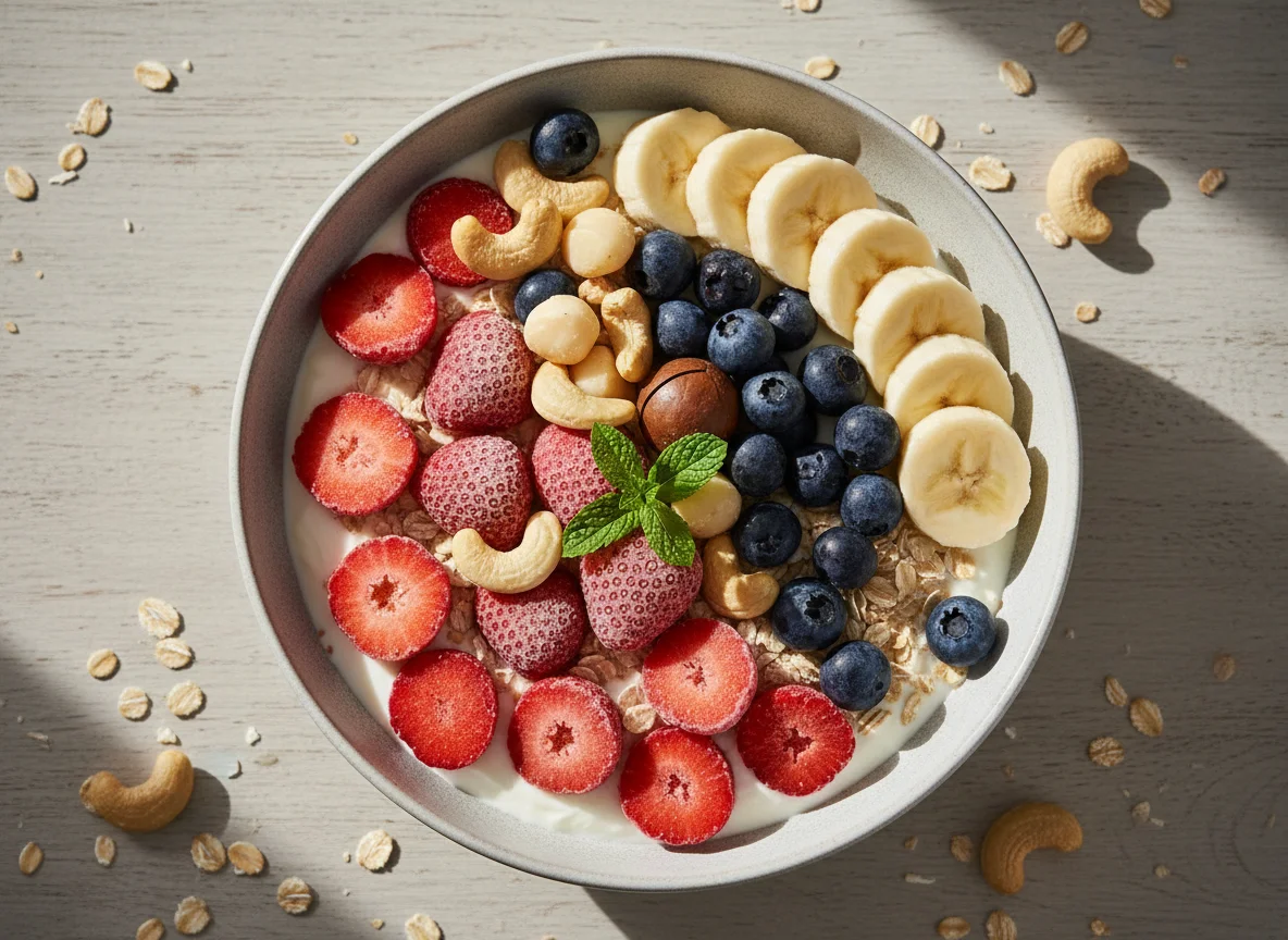 Frühstücksbowl mit Früchten und Nüssen photo