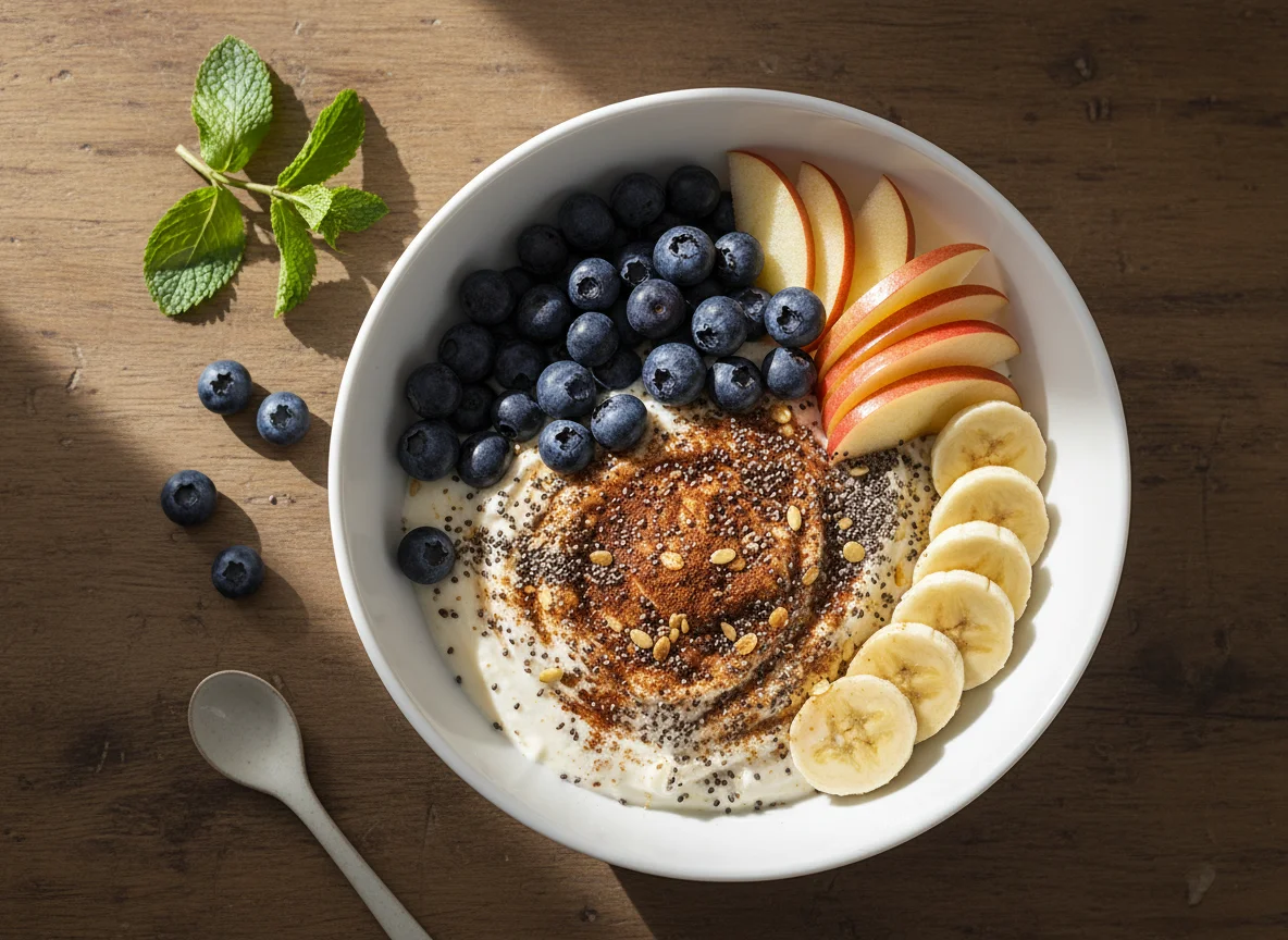 Frühstücksbowl mit Früchten und Proteinpulver photo