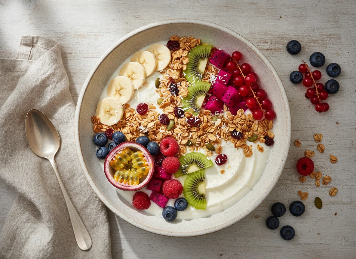 Frühstücks-Bowl mit Granola und Früchten photo