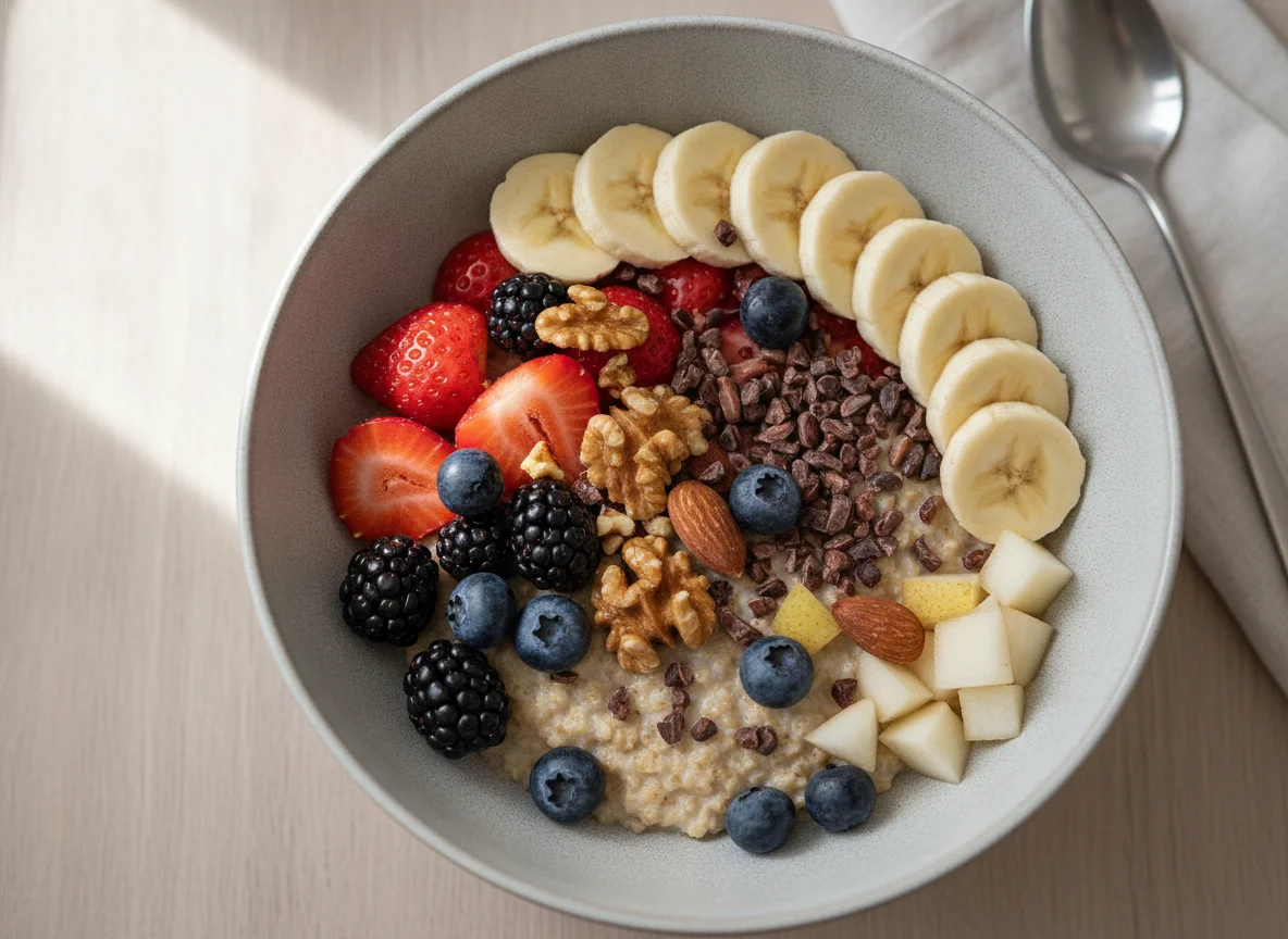 Frühstücks-Bowl mit Haferbrei, Beeren und Nüssen photo