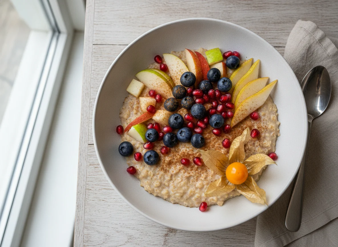 Frühstücks-Bowl mit Haferbrei und Früchten photo