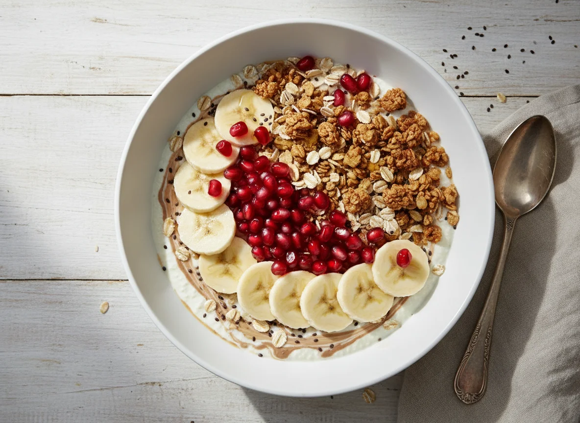 Frühstücksbowl mit Haferdrink und Früchten photo