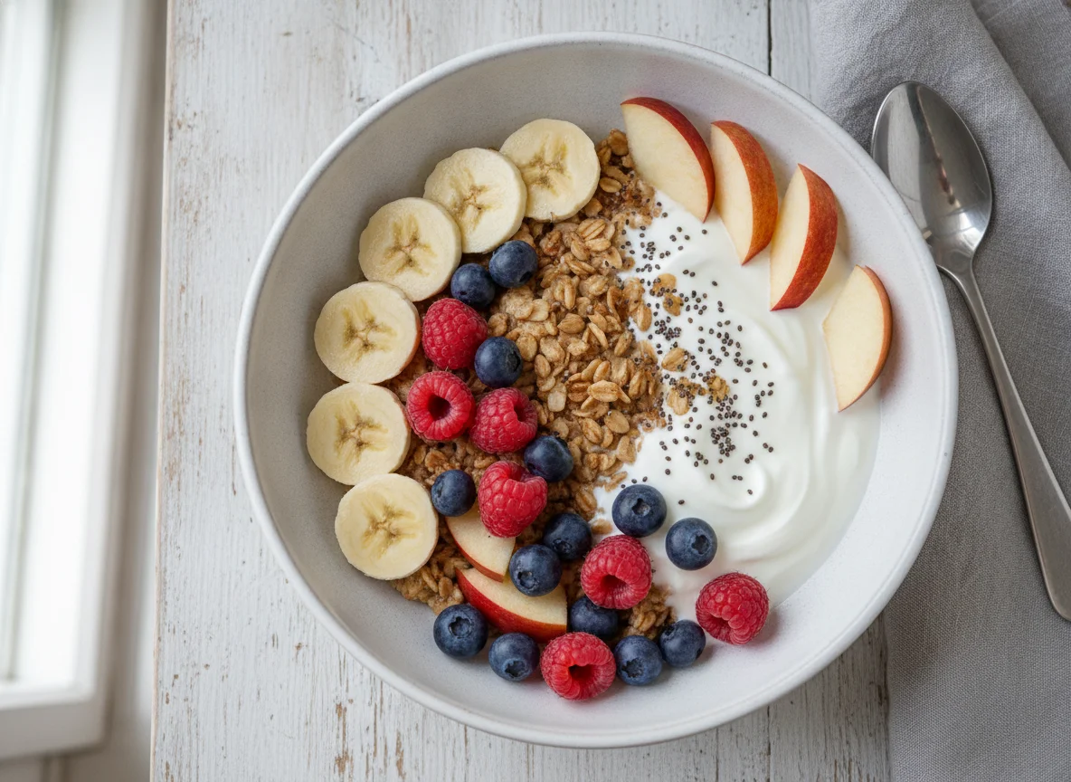 Frühstücks-Bowl mit Haferflocken, Joghurt und Früchten photo