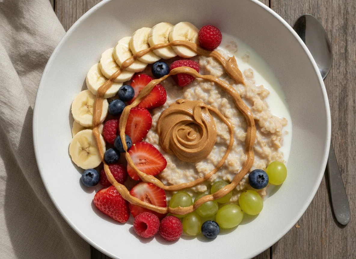 Frühstücks-Bowl mit Haferflocken, Obst und Erdnussmus photo