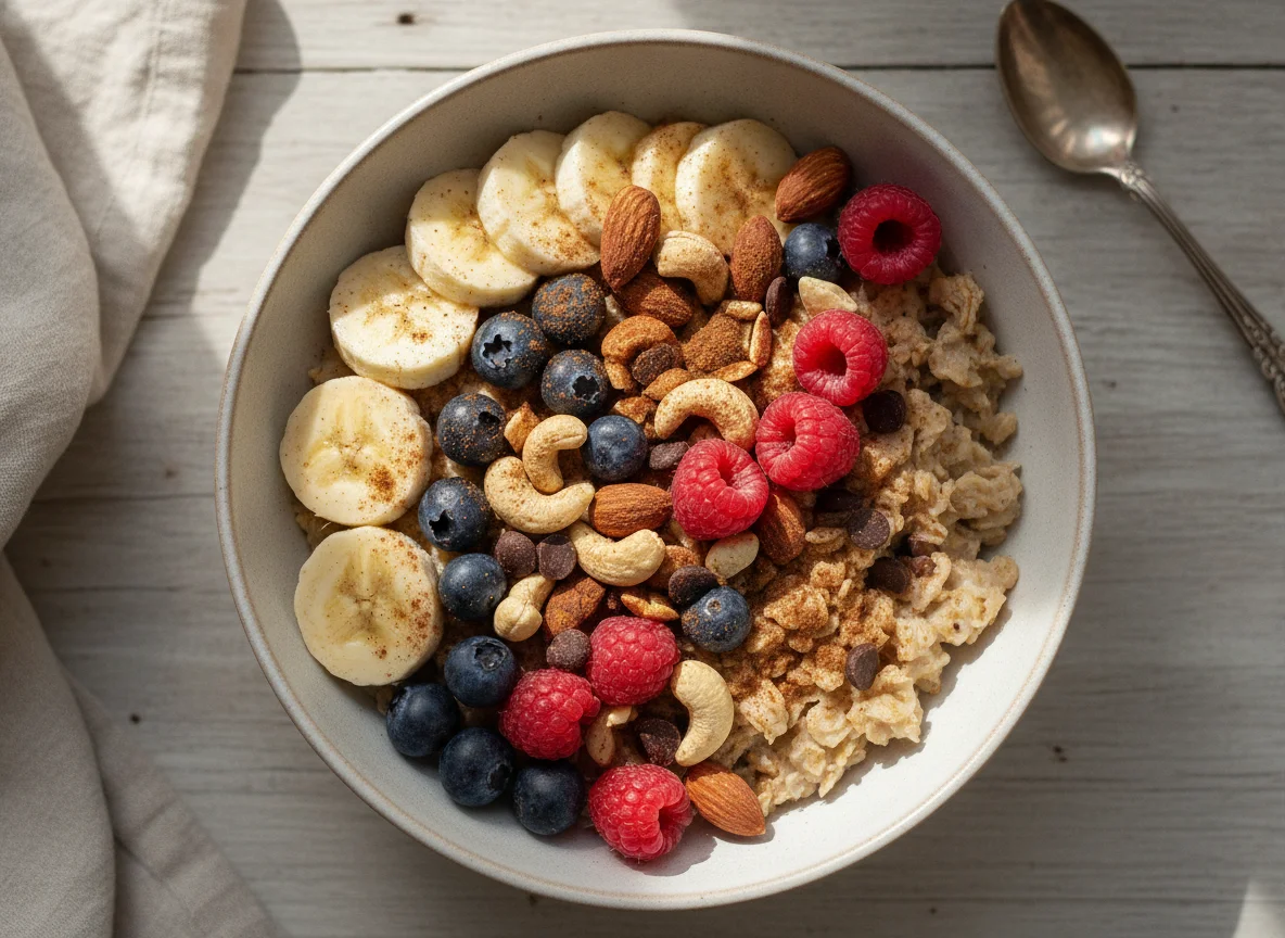 Frühstücks-Bowl mit Haferflocken, Obst und Nüssen photo