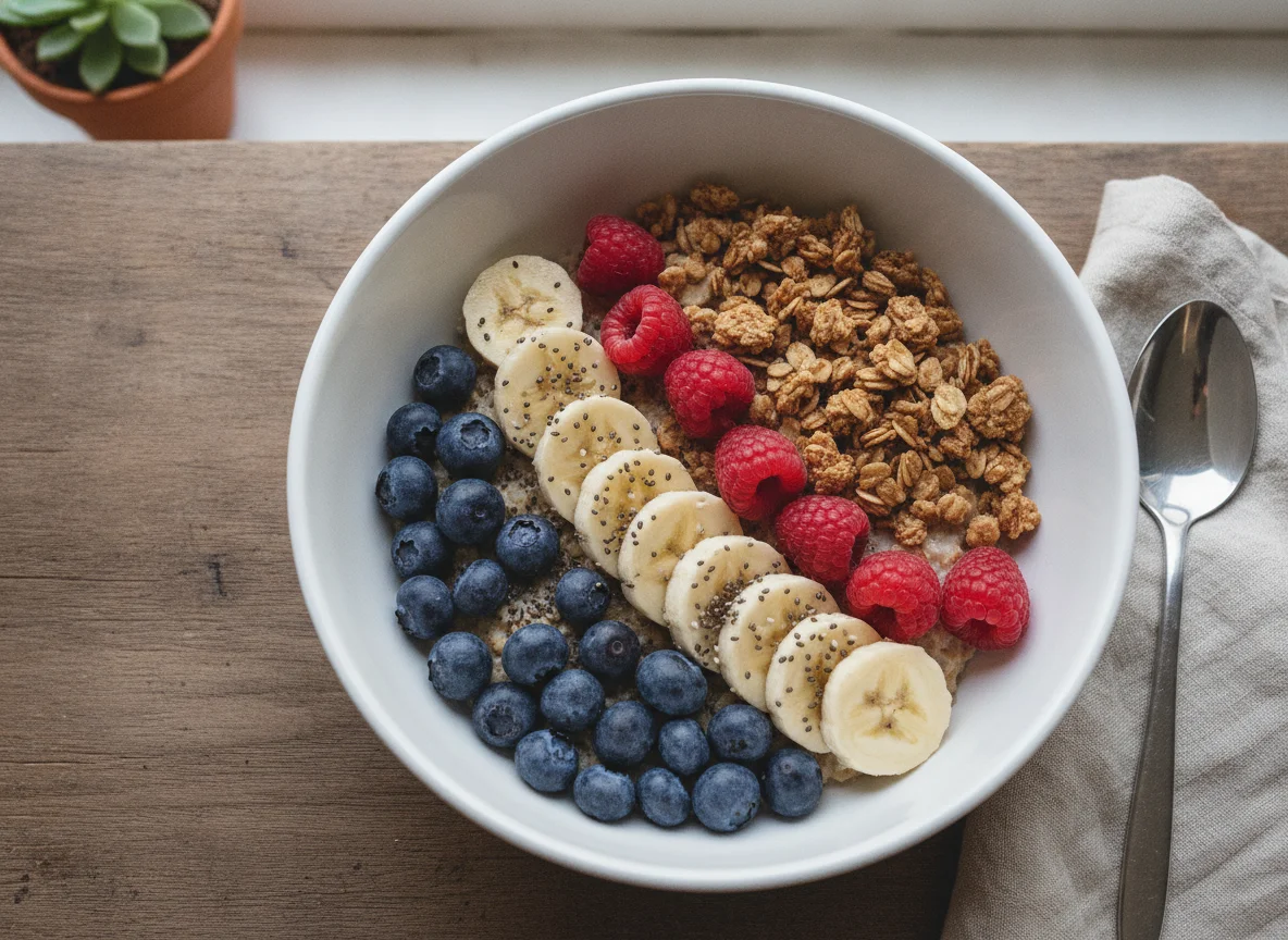 Frühstücks-Bowl mit Haferflocken und Beeren photo