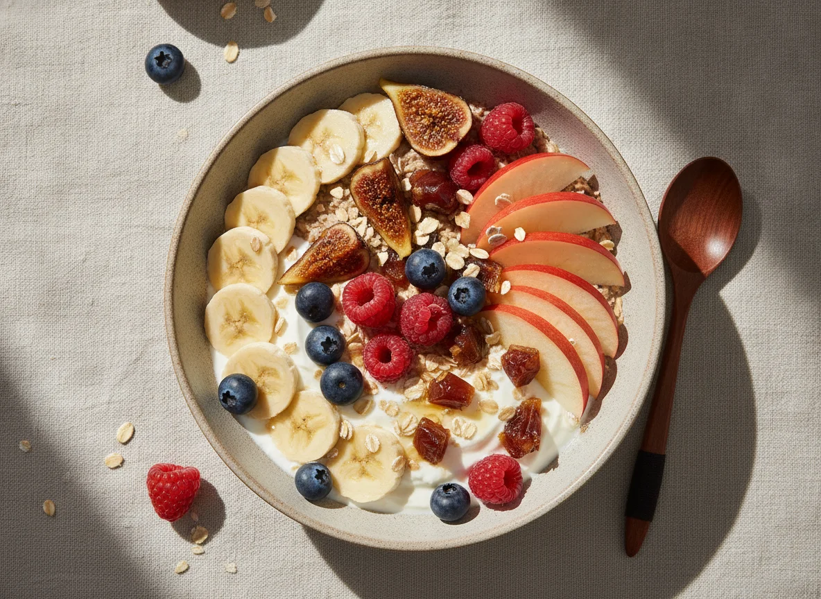 Frühstücks-Bowl mit Haferflocken und Früchten photo