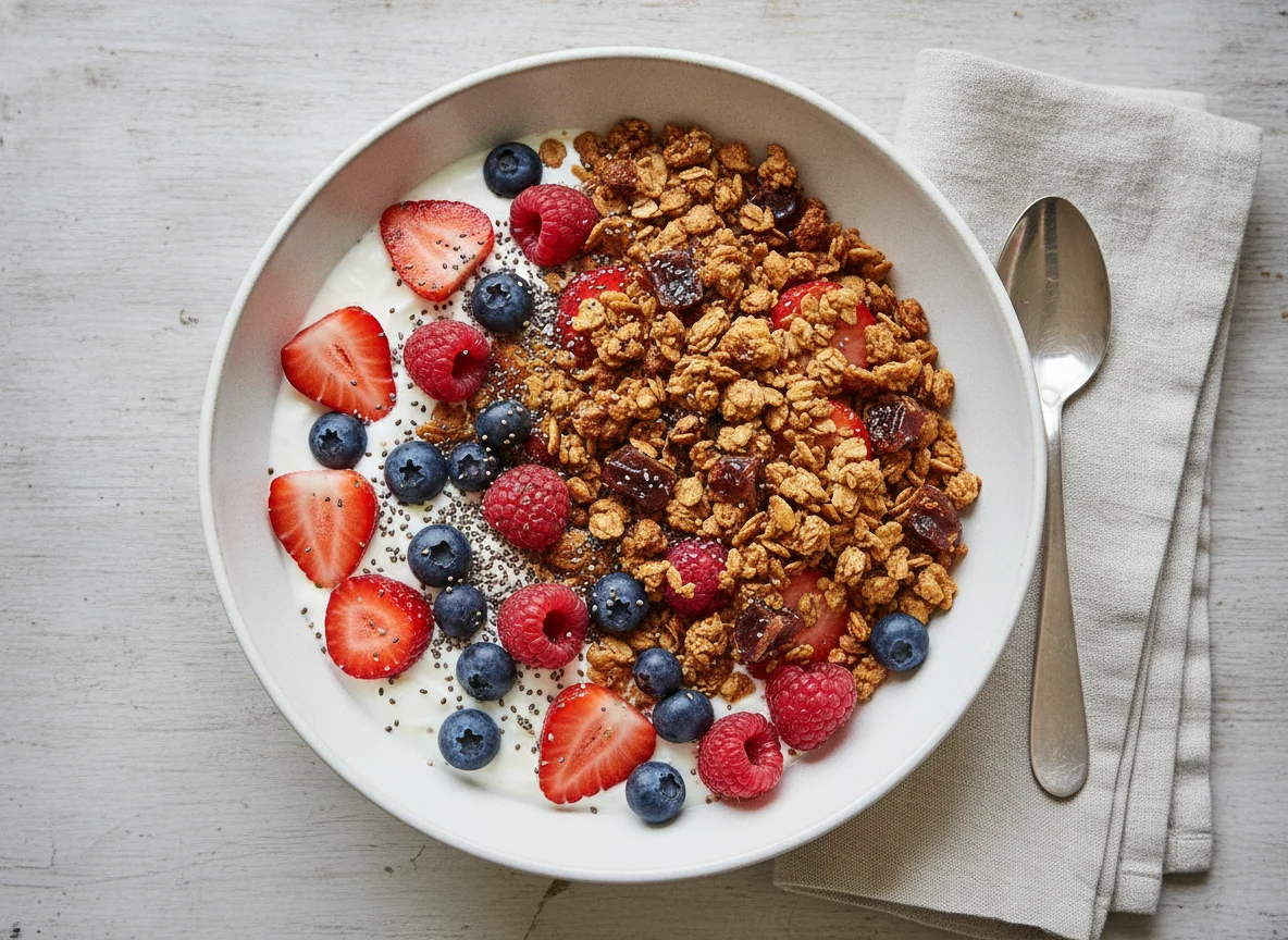 Frühstücks-Bowl mit Joghurt, Beeren und Müsli photo