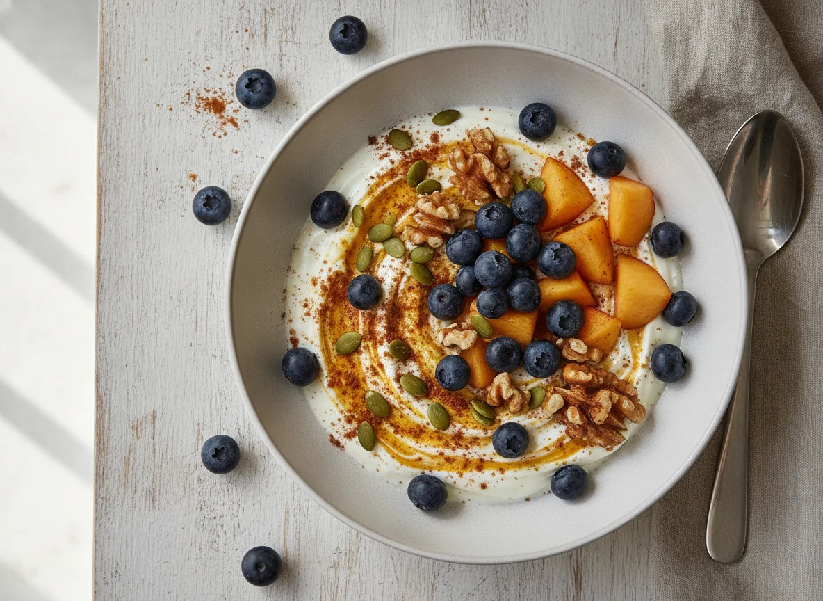 Frühstücks-Bowl mit Joghurt, Beeren und Nüssen photo